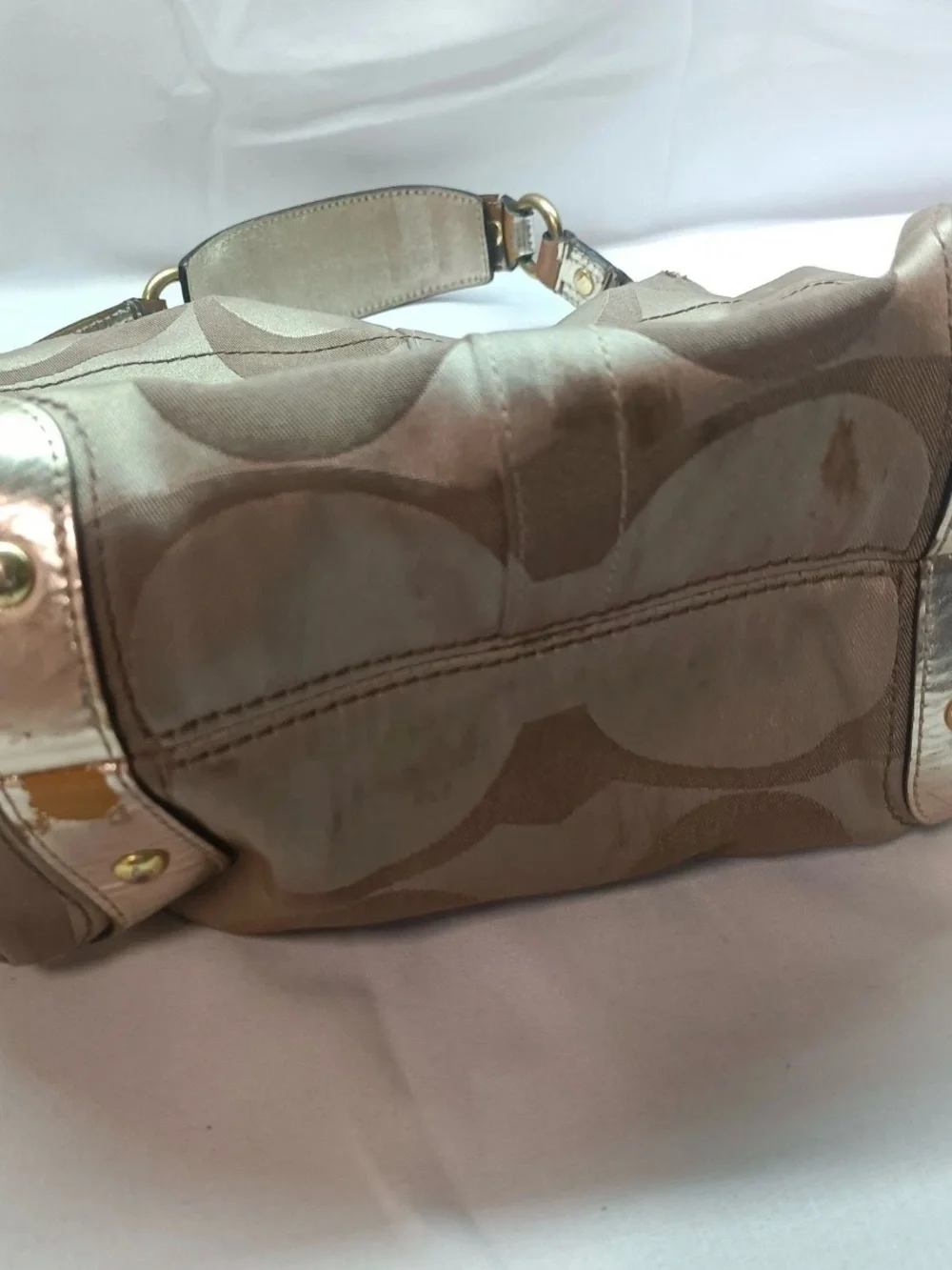 Coach Carly Signature metallic Canvas Shoulder Bag in tan/brown